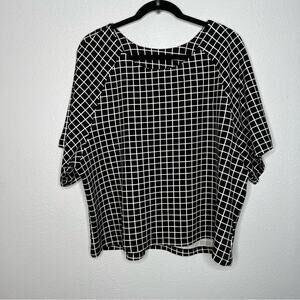 Bobeau Black & White Dolman Sleeve Grid Check Short Sleeve blouse womens size L